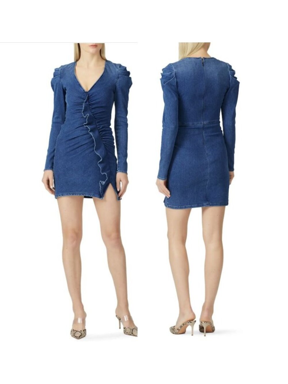 ❤️Jonathan Simkhai Sz 6 Women Designer Denim Dress Jean Ruffle puffed shoulders